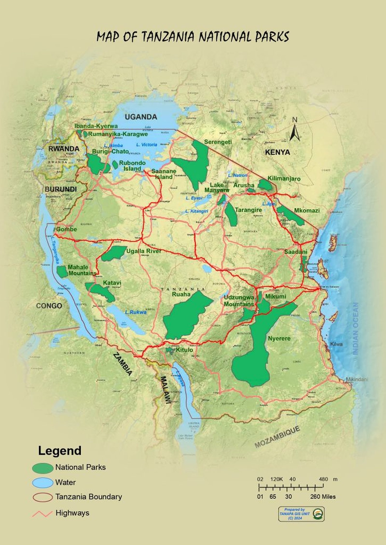 Map of Tanzania showing national parks, safari circuits, airports, and Zanzibar connections